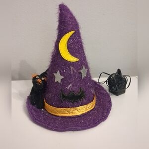 Vintage Halloween Fiber Optic 12" Purple Witch Hat Kids Of America Black Cat